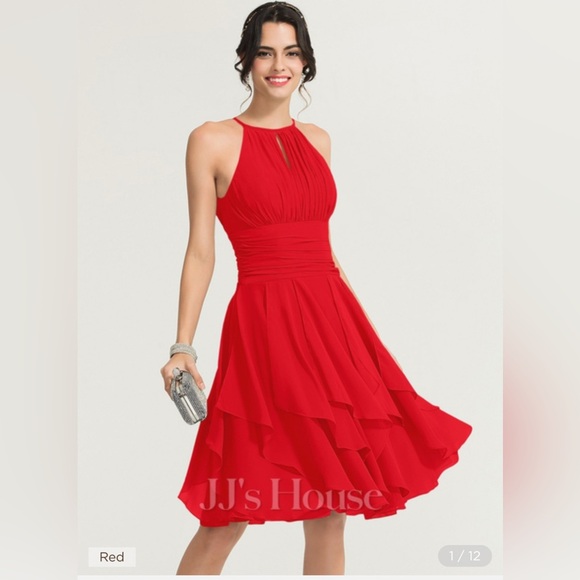NWT JJs House A-line Halter Chiffon Cocktail Dress With Cascading Ruffles size 6 - Picture 1 of 16
